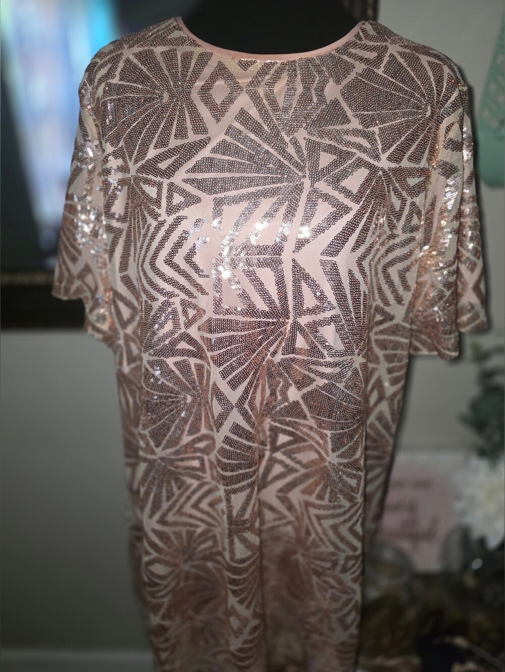Sequin Geometric Tunic Dress - Blush Pink & Rose Gold Accent